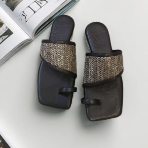 WJ023 Square Toe Woven Band Toe-Loop Sandals handmade shoes