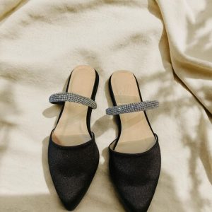 WJ129 Handcrafted Elegance: Champagne Satin Pointed-Toe Mules with Crystal Embellishment BLACK