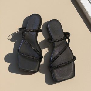 WJ126 BLACK Square Toe Rhinestone Strappy Flat Slides handmadeshoes