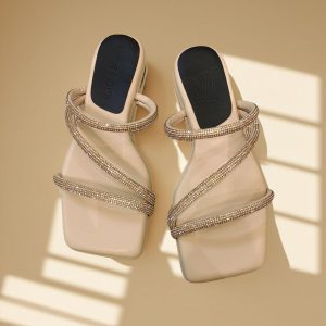 WJ126 BEIGE Square Toe Rhinestone Strappy Flat Slides handmadeshoes