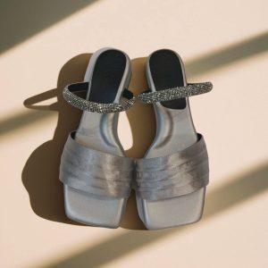 WJ128 Glow in Style  Crystal-Embellished Satin Ruched Sandals Silver