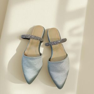 WJ129 Handcrafted Elegance: Champagne Satin Pointed-Toe Mules with Crystal Embellishment BLUE