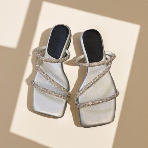 WJ126  SILVER Square Toe Rhinestone Strappy Flat Slides handmadeshoes