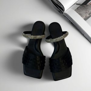 WJ128 Glow in Style  Crystal-Embellished Satin Ruched Sandals Black